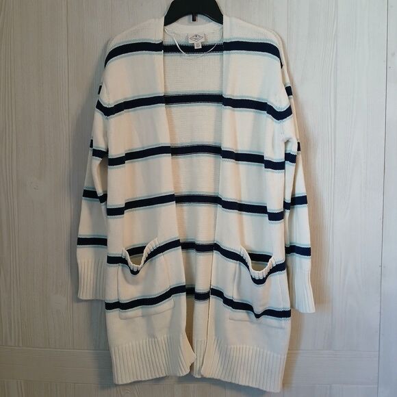 St. John's Bay Women's Size L Blue Striped Open Front White Cardigan Sweater - Picture 1 of 7